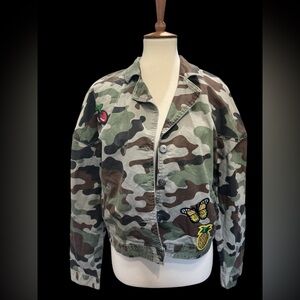 G by Guess Green and Brown Utility Jacket Cropped Military Style with Patches